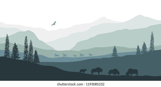 Black silhouette of mountain landscape. American bison. Natural panorama of forest animals. Isolated western scenery. Wildlife scene. Vector illustration