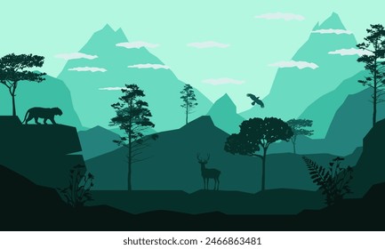 Black silhouette of mountain landscape. American bison. Natural panorama of forest animals. Isolated western scenery. Wildlife scene. Vector illustration