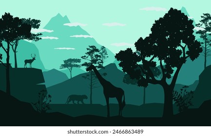 Black silhouette of mountain landscape. American bison. Natural panorama of forest animals. Isolated western scenery. Wildlife scene. Vector illustration