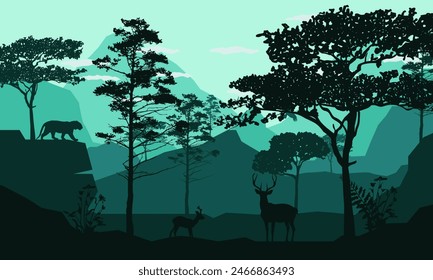 Black silhouette of mountain landscape. American bison. Natural panorama of forest animals. Isolated western scenery. Wildlife scene. Vector illustration
