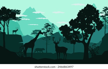 Black silhouette of mountain landscape. American bison. Natural panorama of forest animals. Isolated western scenery. Wildlife scene. Vector illustration
