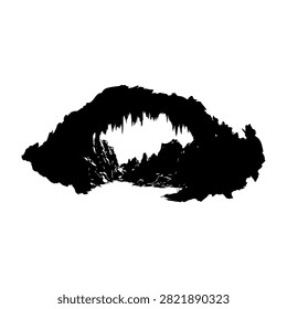 A black silhouette of a mountain landscape featuring forested slopes and a valley, set against a white background, emphasizing natural scenery and wilderness.