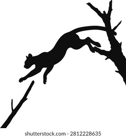 Black silhouette of a mountain lion pouncing from a tree branch with mountain