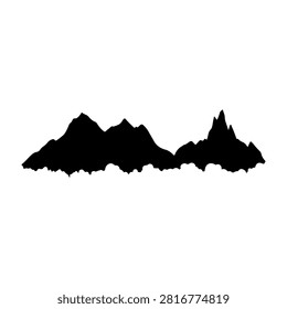 A black silhouette of a mountain range featuring multiple peaks and valleys, set against a plain white background, emphasizing natural landscape contours.
