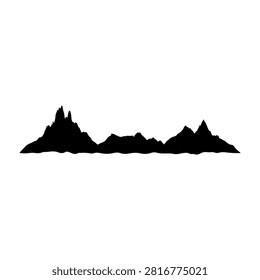 A black silhouette of a mountain range featuring multiple peaks and valleys, set against a plain white background, emphasizing natural landscape contours.