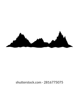 A black silhouette of a mountain range featuring multiple peaks and valleys, set against a plain white background, emphasizing natural landscape contours.