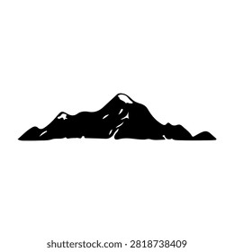 A black silhouette of a mountain range featuring prominent peaks and valleys, emphasizing natural landscape contours and rugged terrain.