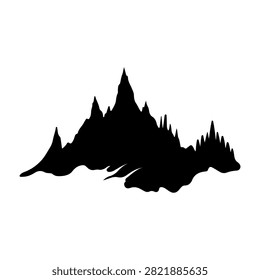 A black silhouette of a mountain range featuring sharp peaks and rugged terrain, set against a plain white background.