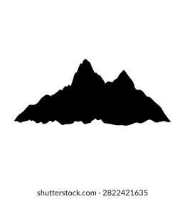 A black silhouette of a mountain range featuring sharp peaks and valleys, emphasizing natural rugged terrain and outdoor wilderness scenery.