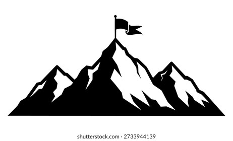 Black silhouette of a mountain range with a flag on a white background