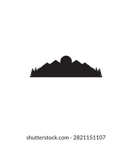 Black silhouette of a mountain range with a full sun rising or setting behind the peaks, isolated on a white background, for travel
