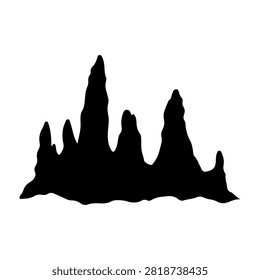 Black silhouette of a mountain range with jagged peaks against a white background, emphasizing rugged natural formations and dramatic landscape features.