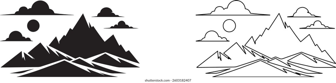 Black silhouette of a mountain range, minimalist style, white background