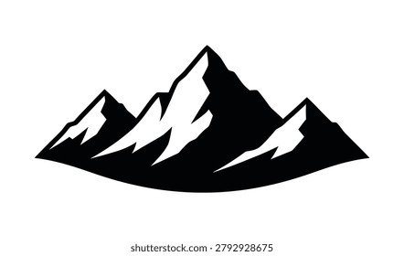 A black silhouette of a mountain range with multiple peaks on a pure white background, creating a striking contrast
