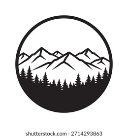 Black silhouette of mountain range and pine trees in circle