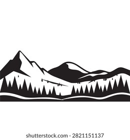 Black silhouette of a mountain range with pine forest trees at the base, isolated on a white background, for outdoor adventure travel