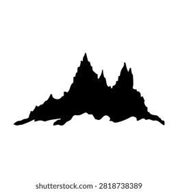 A black silhouette of a mountain range with prominent peaks and valleys, set against a plain white background, emphasizing natural rugged terrain.