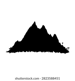 Black silhouette of a mountain range with prominent peaks and valleys, set against a plain white background, emphasizing natural landscape contours.