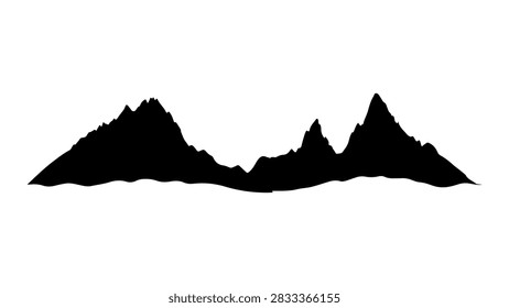 Black silhouette of a mountain range with prominent peaks and valleys, emphasizing natural landscape contours and rugged terrain.