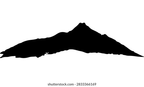 Black silhouette of a mountain range with prominent peak and rolling valleys, isolated on a white background, emphasizing natural landscape contours.