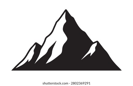 Black silhouette of mountain range with snow capped peaks and rugged terrain isolated on white background