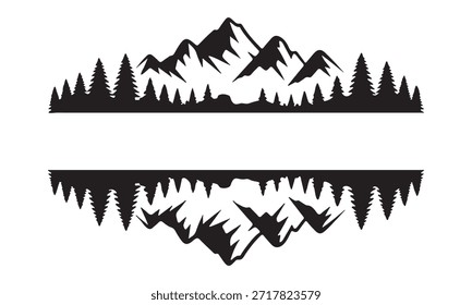 Schwarze Silhouette einer Bergkette mit unten reflektierten Bäumen, die ein Gefühl von Symmetrie und Ruhe in der Natur schaffen.
