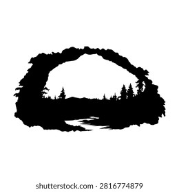 Black silhouette of a mountain scene featuring trees and a lake, emphasizing natural beauty and wilderness in a minimalistic style.