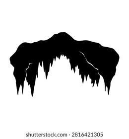 Black silhouette of a mountain with sharp peaks and cave openings, emphasizing rugged terrain and natural formations.