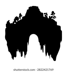 Black silhouette of a mountain with trees and a cave entrance, emphasizing natural landscape and rugged terrain features.