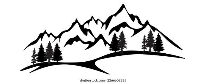 Black silhouette of mountains and fir trees landscape panorama illustration icon vector for logo, isolated on white background