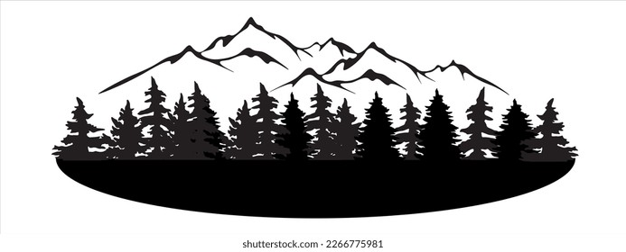 Black silhouette of mountains and fir trees landscape panorama illustration icon vector for forest wildlife adventure camping logo, isolated on white background