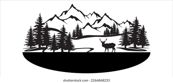 Black silhouette of mountains, fir trees and wild deer, landscape panorama illustration icon vector for forest wildlife adventure camping logo, isolated on white background