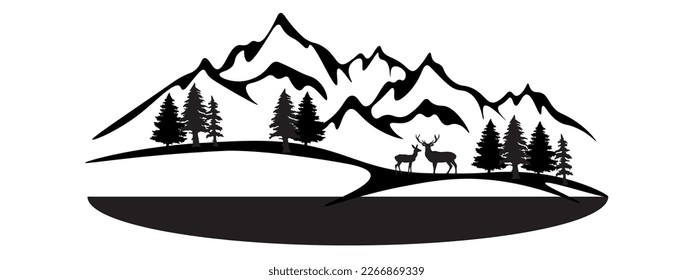 Black silhouette of mountains, fir trees and wild deer, landscape panorama illustration icon vector for forest wildlife adventure camping logo, isolated on white background