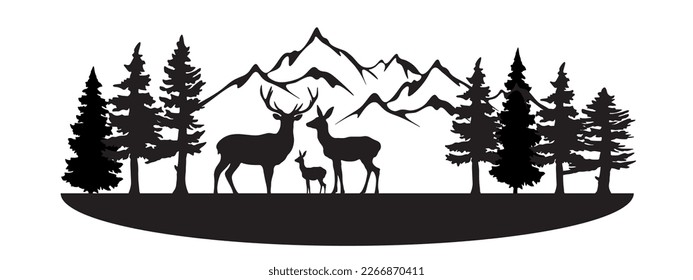 Black silhouette of mountains, fir trees and wild deer, landscape panorama illustration icon vector for forest wildlife adventure camping logo, isolated on white background