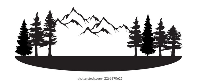 Black silhouette of mountains and fir trees landscape panorama illustration icon vector for forest wildlife adventure camping logo, isolated on white background