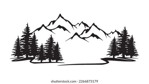 Black silhouette of mountains and fir trees landscape panorama illustration icon vector for logo, isolated on white background

