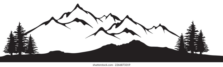 Black silhouette of mountains and fir trees camping landscape panorama illustration icon vector for logo, isolated on white background.	
