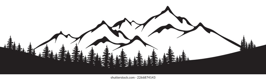 Black silhouette of mountains and fir trees camping landscape panorama illustration icon vector for logo, isolated on white background.