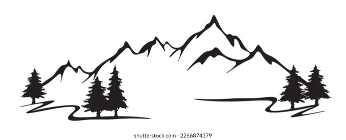 Black silhouette of mountains and fir trees landscape panorama illustration icon vector for logo, isolated on white background