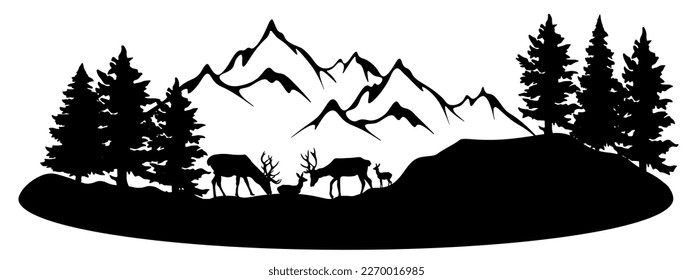 Black silhouette of mountains and fir trees landscape panorama illustration icon vector for forest wildlife adventure camping logo, isolated on white background