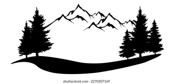 Black silhouette of mountains and fir trees camping adventure wildlife landscape panorama illustration icon vector for logo, isolated on white background.