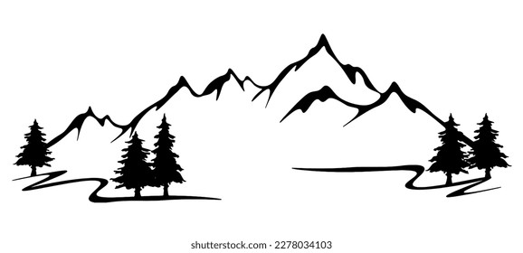 Black silhouette of mountains and fir trees camping landscape panorama illustration icon vector for logo, isolated on white background.	
