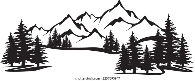 Black silhouette of mountains and forest fir trees camping landscape panorama illustration icon vector for logo, isolated on white background