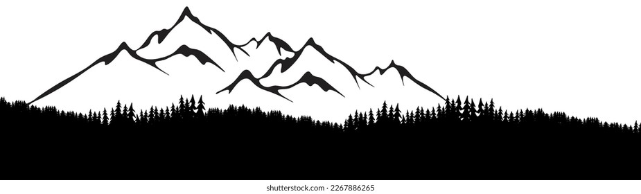 Black silhouette of mountains forest woods landscape panorama illustration icon vector for logo, isolated on white background