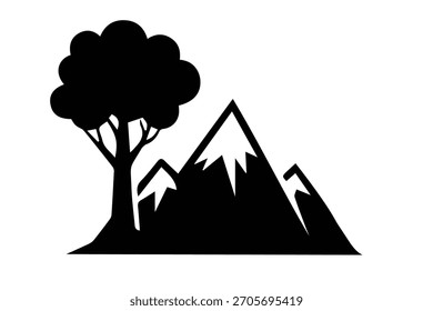 Black silhouette of mountains and large tree nature landscape scene