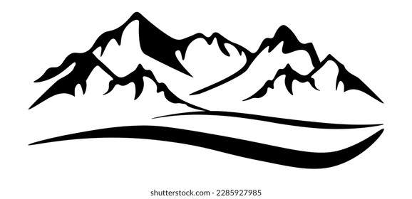 Black silhouette of mountains peak, camping adventure outdoor landscape panorama illustration icon vector for logo, isolated on white background	