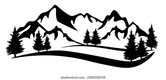 Silueta negra de las montañas picos y de los árboles de abetos forestales, acampada aventura exterior paisaje ilustración panorámica vectorial para el logo, aislado en fondo blanco	
