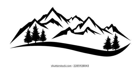 Black silhouette of mountains peak and forest fir trees, camping adventure outdoor landscape panorama illustration icon vector for logo, isolated on white background	
