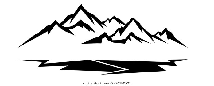 Black silhouette of mountains peak rock and fir trees camping adventure outdoor landscape panorama illustration icon vector for logo, isolated on white background

