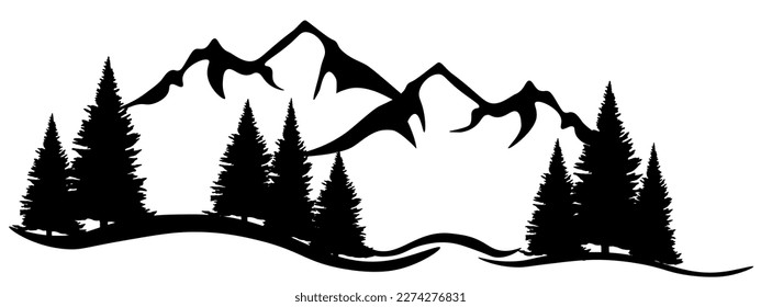 Black silhouette of mountains peaks and fir trees camping landscape panorama illustration icon vector for logo, isolated on white background...	
